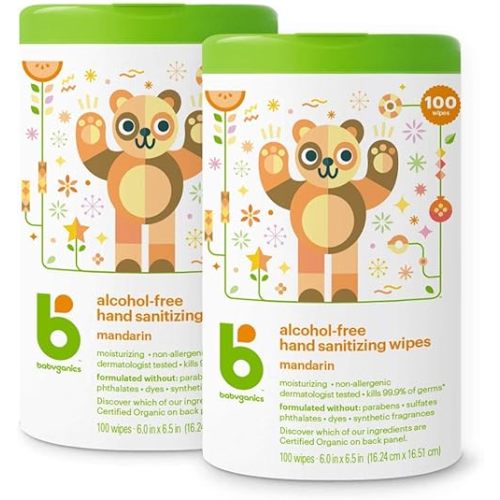 Babyganics Alcohol-Free Hand Sanitizing Wipes, Mandarin, Kills 99.9% of Common Bacteria, Moisturizing, 200 Count, (100 Count, 2 Pack), Packaging May Vary