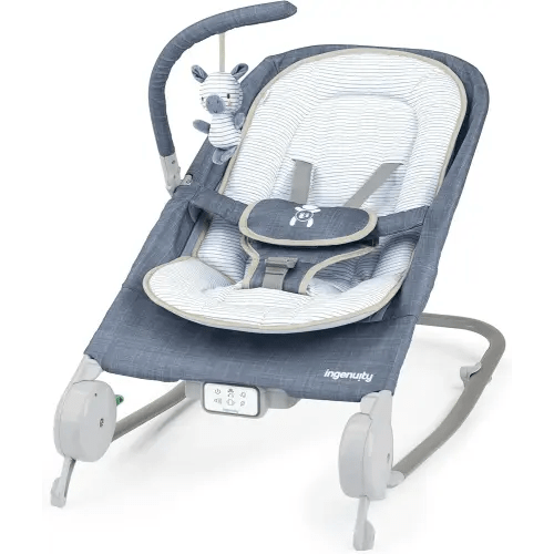Ingenuity Happy Belly Rock-to-Bounce Seat, Music, Belly Massage & Vibration, Detachable Toy Bar, Plush Sloth Toy, for Ages 0-6 Months, Grey - Chambray