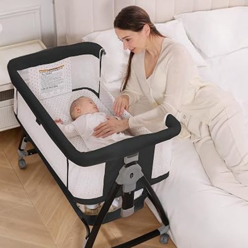 Baby Bassinet, 3-in-1 Bedside Bassinets for Baby, Bassinet Sleeper with Wheels, Baby Bedside Crib with Breathable Mesh, Mosquito Net, 6 Height Adjustable, Large Storage Basket, Easy Assemble & Folding