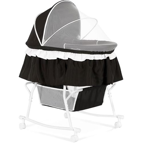 Dream On Me Lacy Portable 2-in-1 Bassinet & Cradle in Black, Lightweight Baby Bassinet with Storage Basket, Adjustable and Removable Canopy