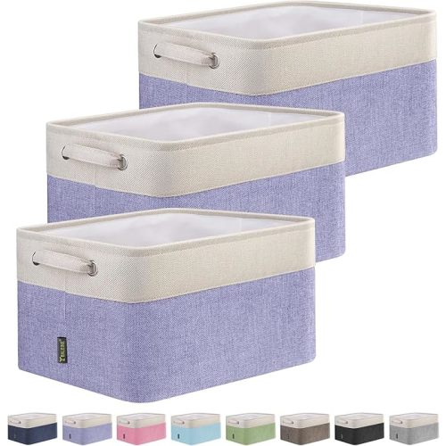 BALEINE 3 Pack Fabric Storage Bins for Shelves, Linen Storage Baskets for Organizing, Decorative Closet Bins for Clothes, Home (Lavender, 15''x11''x9.5'')