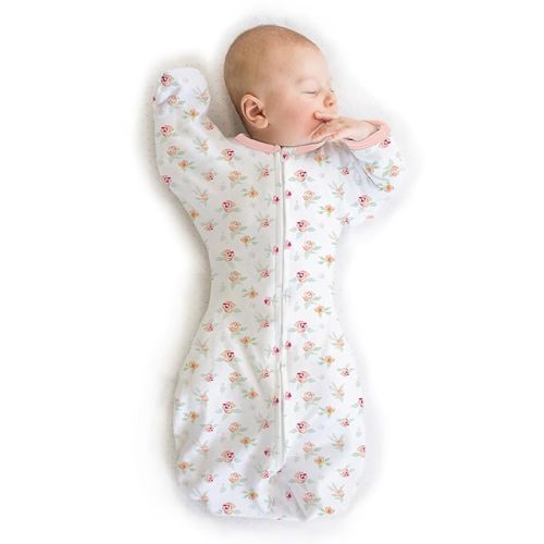 SwaddleDesigns Transitional Swaddle Sack with Arms Up Half-Length Sleeves and Mitten Cuffs, Small, 0-3 Months, 6-14 lbs, Watercolor Peachy Pink Floral (Arms Up Swaddle, Transition Swaddle Sleep Sack)