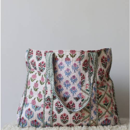 Handmade Quilted Tote Shopping Bag, Floral Print Cotton Market Bag, Jhola Bag, Hippie Bag, Market Bag