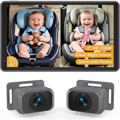 Baby Car Camera for 2 Kids - 7-Inch Split-Screen Monitor, Dual HD 1080P Cameras, Night Vision, 360° Rotatable, Easy Install Backseat Camera for Safety & Convenience - Perfect for Twins or Siblings