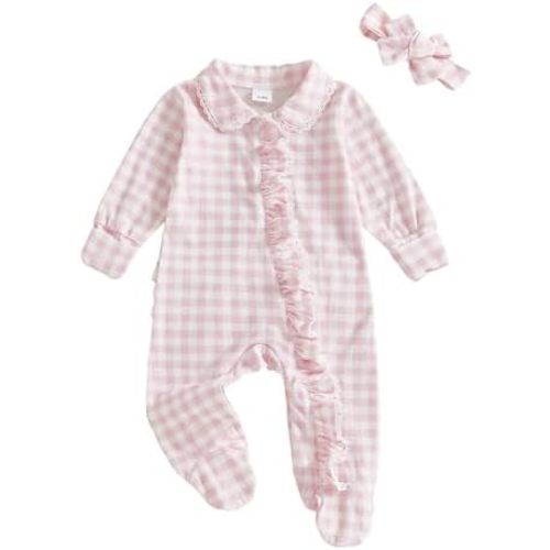 Seyurigaoka Newborn Baby Girl Ruffle Gingham Footless Romper