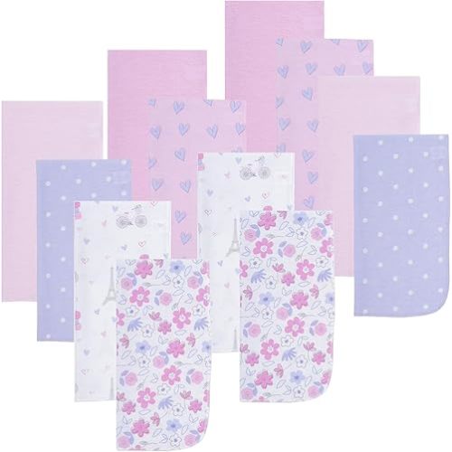 EVERYDAY KIDS 12 Pack Burp Cloths for Baby Girl - Paris, Flowers and Hearts
