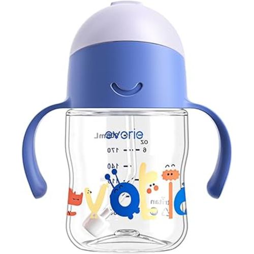 Evorie Tritan Weighted Straw Sippy Cup with Handles for Baby and Toddlers 6 months up, 7 Oz Soft Silicone Straw Infant First Training Water Bottle (Bumble bee)