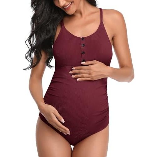 Summer Mae Maternity Swimsuit One Piece Bathing Suit Button Neck Cross Back