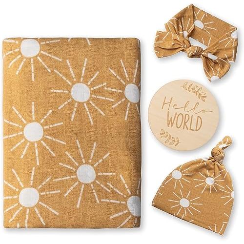 Miaoberry 100% Organic Sunshine Baby Muslin Swaddle Blankets for Boy or Girl with Hat and Wooden Hello World Newborn Sign, Gender Neutral Newborn Photography Outfits, Unisex Birth Announcement Sign