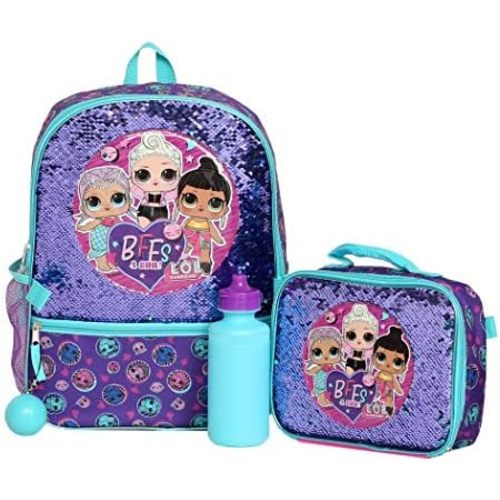 L.O.L. Surprise! Girl’s 4 Piece Backpack Set, Flip Sequin 16" School Bag with Front Zip Pocket, Purple and Teal