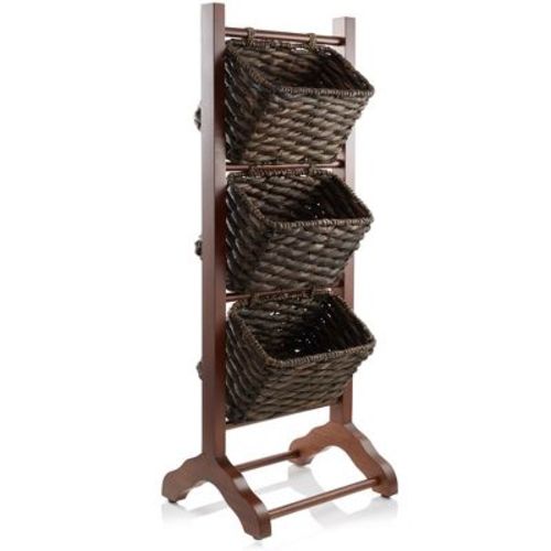 Casafield 3-Tier Floor Stand with Hanging Storage Baskets - Wood Tower Rack for Bathroom, Kitchen, Laundry, Living Room