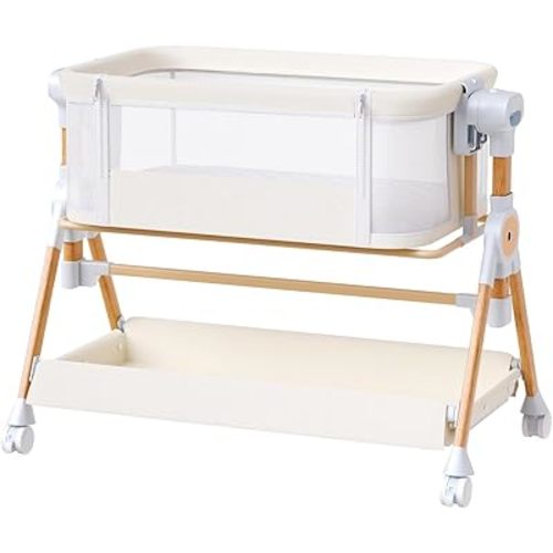 3 in 1 Baby Bassinet,Bedside/Rocking Bassinet for Baby,Bedside Crib with Lockable Wheels,Waterproof Mattress,Adjustable 6 Heights,Portable Bassinets Bedside Sleeper for Newborn Infant-Beige