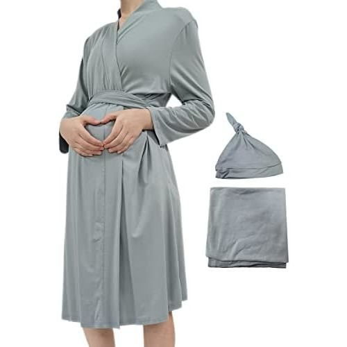 SUFEINI Maternity Robe and Matching Baby Swaddle Blanket Set, Mommy Robe with Receiving Blanket Girls Boys Sleepwear