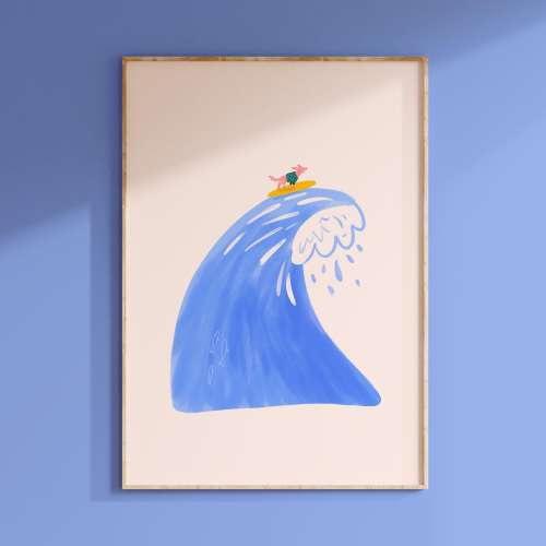 Surf Print for Nursery or Kids bedroom. Modern Watercolour Dog on Surfboard Poster. Children's Decor