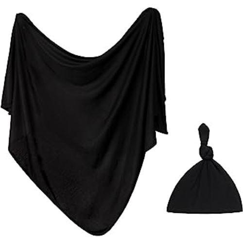 Swaddle Blanket & Hat Set | Receiving Baby Blanket | Soft & Cozy | 47" x 47" Size for Newborns, Infants, and Toddlers (Packaging May Vary) - (Ribbed Black)