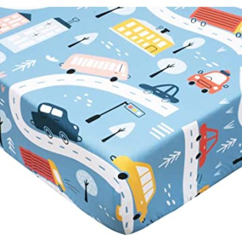 Cloele Fitted Crib Sheet - Baby Nursery Sheet 100% Polyester 1 Pack Cozy Bed Sheet for Standard Crib and Toddler Mattresses - Blue Car Nursery Bed Sheet Infant Toddler Sheet for Baby