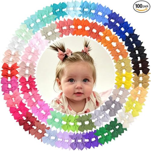 ALinmo Hair Clips for Girls 100PCS - 2" Fully Lined Tiny Bows, Alligator Clips for Infants and Toddlers in Pairs