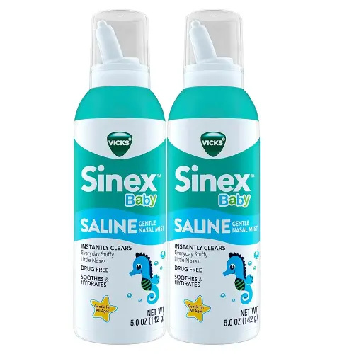 VICKS Sinex Baby Saline Nasal Spray, Drug Free Gentle Nasal Mist, Instantly Clears Everyday Stuffy Little Noses, Soothes & Hydrates, Safe For Daily Use, Gentle For All Ages, 5 OZ x 2