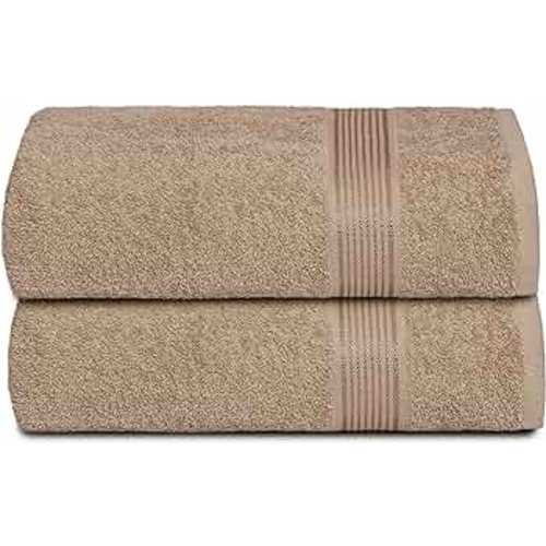 Belizzi Home Cotton 2 Pack Oversized Bath Towel Set 28x55 inches, Large Bath Towels, Ultra Absorbant Compact Quickdry & Lightweight Towel, Ideal for Gym Travel Camp Pool - Tan