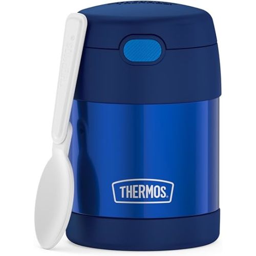 THERMOS FUNTAINER 10 Ounce Stainless Steel Vacuum Insulated Kids Food Jar with Folding Spoon, Navy