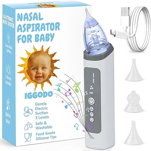 Nasal Aspirator for Baby - Rechargeable Baby Nose Sucker with 3 Soft Silicone Tips - Electric Nasal Aspirator for Toddler with Adjustable Suction, Soothing Music & Light Function