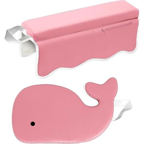 Whale Baby Bath Kneeler and Elbow Rest Set – Extra Thick Padded Cushion – Waterproof Non-Slip Mat with Storage Pockets – Bathtime Safety – Baby Shower or Registry Gift for Moms and Dads (Pink)