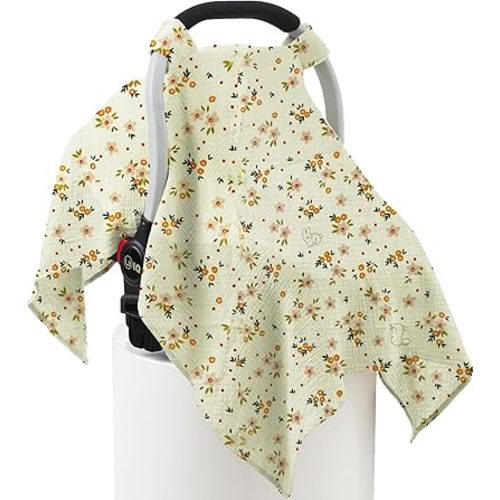 100% Muslin Cotton Car Seat Cover Baby, Carseat Canopy Cover, Universal Fit Stroller Covers for Boys and Girls (Beige Floral)