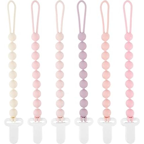 Pacifier Clips Baby Girl, 6 Pack One Piece Flexible Soft Binky Clips Silicone Pacifier Holder Clip for Girls, Baby Girl Newborn Essentials
