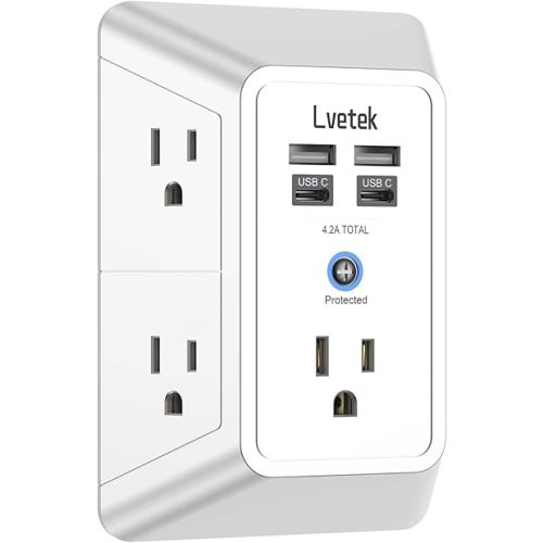 Outlet Extender, Surge Protector Outlet with 5-Multi Plug Outlet and 4 USB Ports(2 USB C), 3-Sided 1680J Power Strip Wall Charger, Multiple-Plug Outlet Splitter for Home Travel Office,ETL Listed,White