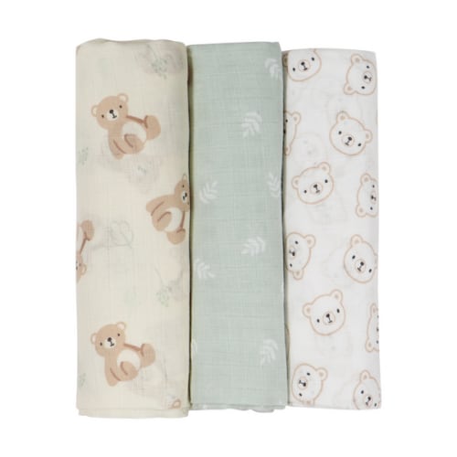 3 Pack Organic Cotton Muslin Wraps, Bears - Anko