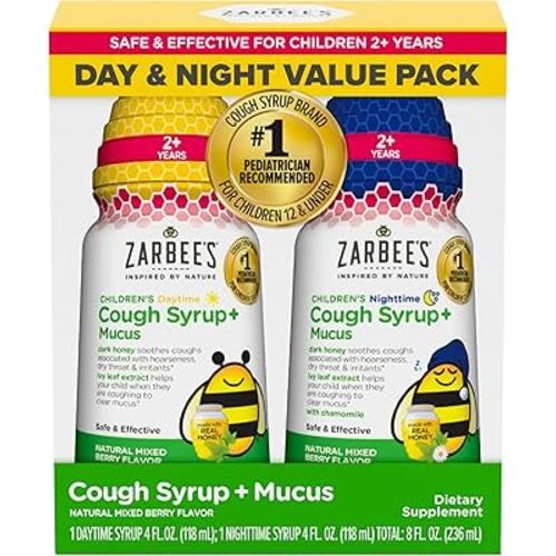 Zarbee's Children's Honey Cough Syrup + Mucus Day & Night Value Pack, Daytime & Nighttime Toddler Cough Syrup with Dark Honey & Ivy Leaf Extract, Mixed Berry Flavor, Two Pack, 2 x 4 fl. Oz