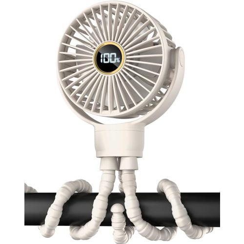 buywoo 3.5" Battery Powered Baby Stroller Cooling Fan, 3-Speed Rechargebale Tripod Fan with 360 Degree Rotation, Quiet Portable Fan with LED Display, Great for Car Seat, Crib, Bike, Treadmill, Beige