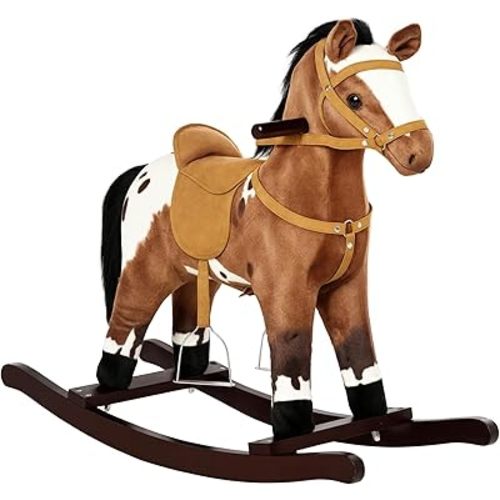 Qaba Kids Metal Plush Ride-On Rocking Horse Chair Toy with Realistic Sounds - Dark Brown/White