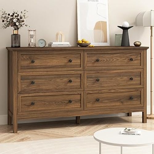 Walnut 6 Drawers Dresser for Bedroom, 55'' Wide Modern Wood Dresser with Black Handles, Large TV Stand Chest of Storage Drawers for Hallway, Living Room
