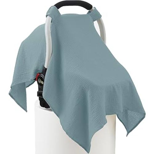100% Muslin Cotton Car Seat Cover Baby, Carseat Canopy Cover, Universal Fit Stroller Covers for Boys and Girls (Blue)