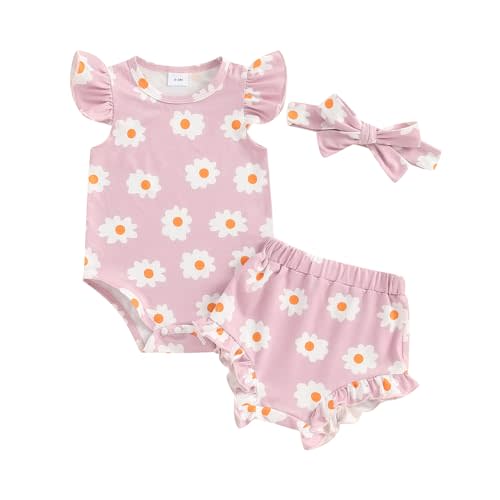 Hnyenmcko Newborn Baby Girl Clothes Daisy Print Fly Sleeve Romper Ruffle Bloomer Shorts Headband Set Infant Summer Outfits