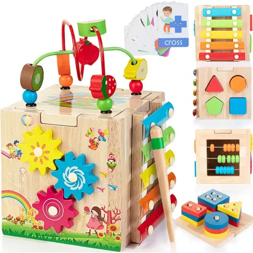 Bravmate Wooden Activity Cube | 8-in-1 Montessori Toys for 18M+ Toddlers, One Year Old First Birthday Gift, Baby Toy Set with Bonus Sorting & Stacking Board