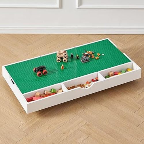 Lego Table with Storage, 3 in 1 Construction Play Table Compatible with Lego, Rolling Lego Storage with Block Board and Train Car Conveniently Store Under Bed or Sofas