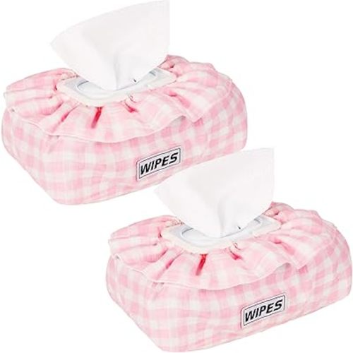 2 Pack Baby Wipes Cover – Muslin Cotton Wipes Dispenser, Universal Size Fits All Wipes & Tissues, Diaper Pouch for Nursery, Living Room & Diaper Station (Pink+Pink)