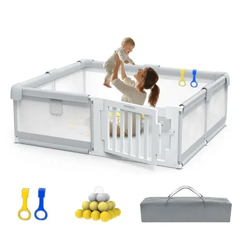 71" ×59" Large Baby Playpen with Gate, Easy Access Play Pen for Infants and Toddlers, Play Yard for 0-3 Years Old, Baby Fence Playard for Living Room, Anti-Fall, Breathable Mesh