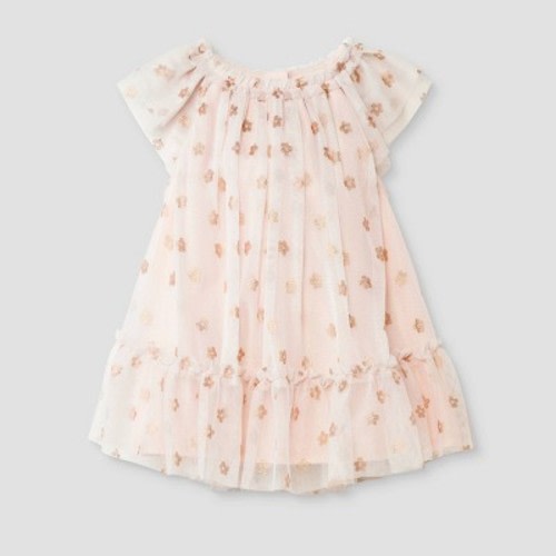 Baby Girls' Spring Floral Printed Tulle Dress - Cat & Jack™ Peach Orange, Size: 12M