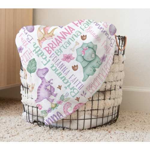 Baby Girl Dinosaur Blanket, Dinosaur Baby Blanket for Girls, Personalized Baby Name Blanket, Pink Purple Dinosaurs, Custom Blanket Dinosaur