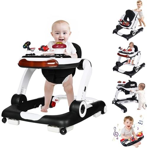 Kinder King Baby Walker with Music & Lights, 5 in 1 Baby Bouncer Activity Walker, Adjustable Height & Seat, Learning-Seated & Toddler Walk-Behind, Safety Bumper, Infant Walker Anti-Rollover, Black
