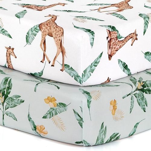 BROLEX 2 Pack Mini Crib Sheets, Stretchy Portable Fitted Playard Sheet Set, Convertible Playard Mattress Cover, Ultra Soft Breathable Material, Giraffe Leaf