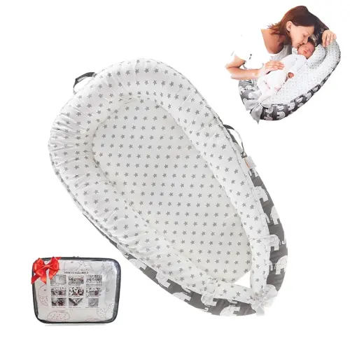Baby Lounger for Newborn Cotton,Baby Nest Diaper Changing Pads for Babies with Handles,Newborn Lounger Adjustable Size & Inner Zipper Lengthen Space to 24 Months(Elephant Gray)