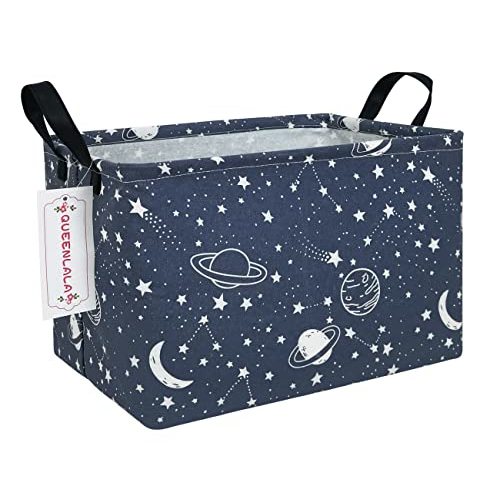 QUEENLALA Rectangular Laundry Hamper/Foldable Nursery Laundry Basket for Organizing/Storage Bin Baskets/Children Toy Office Bedroom/Toy Bin Closet Shelf Baskets(Rec-blue-starry sky)
