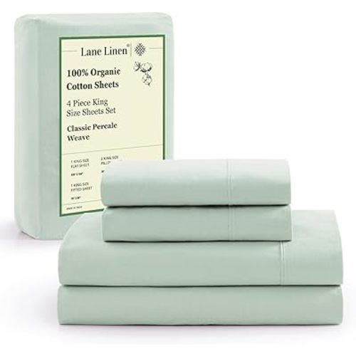 LANE LINEN 100% Organic Cotton Sheets King Size, 15" Deep Pocket Fully Elasticized Soft & Comfy Percale Bedding, Eco Friendly Naturally Temperature Regulating Cotton Sheets King- Cool Blue