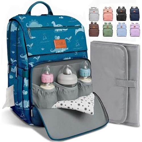 PILLANI Baby Diaper Bag Backpack - Large Waterproof Travel Diaper Bag for Boys & Girls, 16 Organizer Pockets with Changing Pad, Insulated Bottle Pockets & Stroller Straps, Baby Shower Gifts, Dinosaur