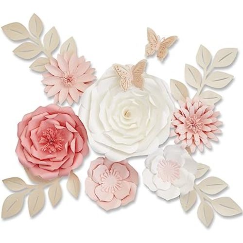 3D Paper Flowers Decorations for Wall, Pink Roses Artificial Flowers with Leaves and Butterfly Stickers, Elegant Decor Nursery Room Wall, Wedding and Baby Shower Décor (14pcs, Pink Set)
