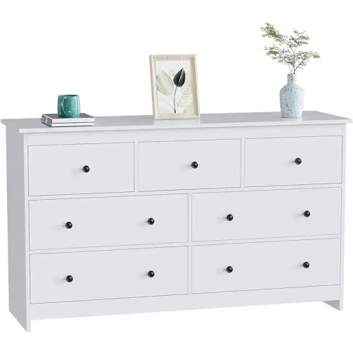 CARPETNAL White Dresser for Bedroom, 7 Drawer Dresser with Wide Drawer and Metal Handles, Woode Dressers & Chests of Drawers for Hallway, Entryway.